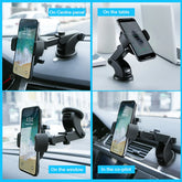 Adjustable black car phone mount for dashboard, table, window, or air vent use, secure fit.