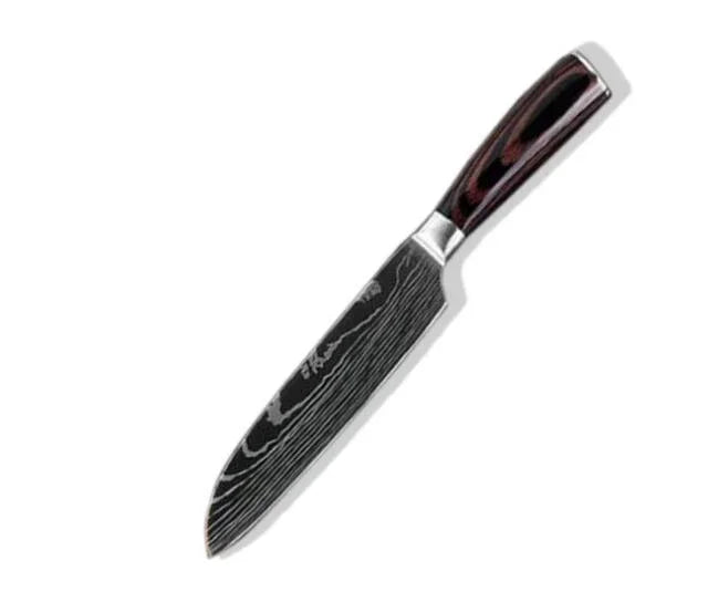 Black Damascus steel kitchen knife with wood handle and curved blade on white background