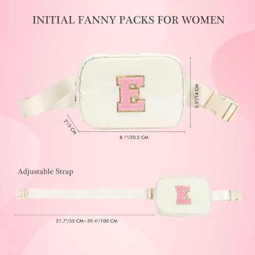 YOOLIFE Initial Crossbody Bag personalized white fanny pack with pink embroidered letter E and adjustable strap for women