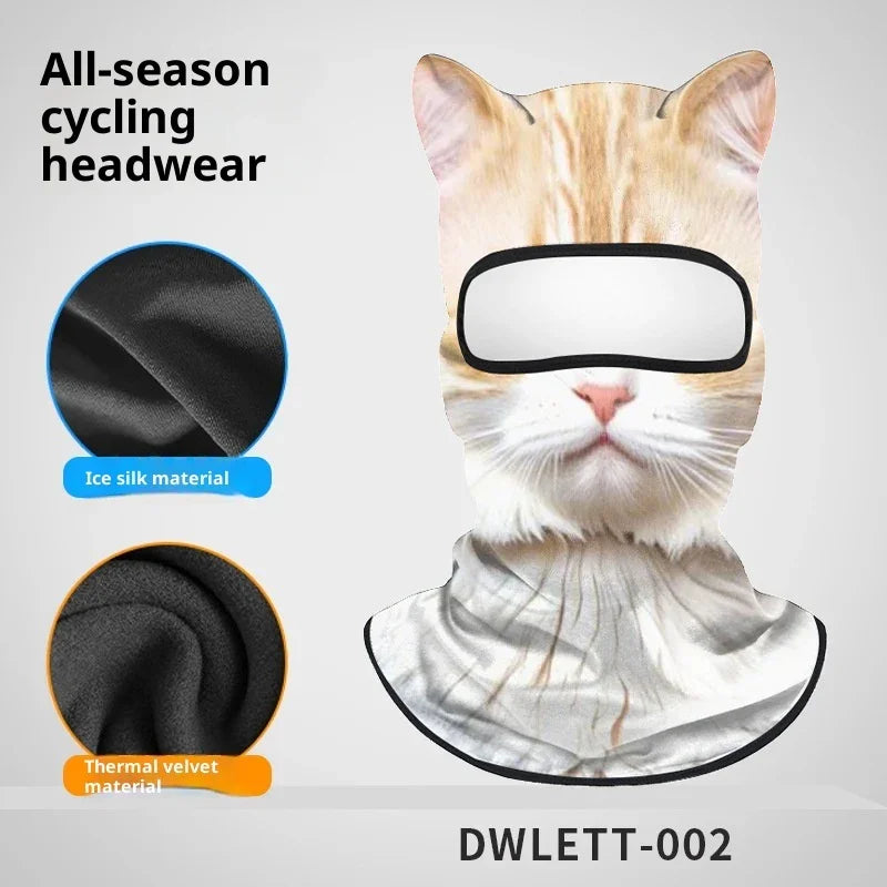 Cat face print balaclava in ice silk and thermal velvet materials, all-season cycling mask.