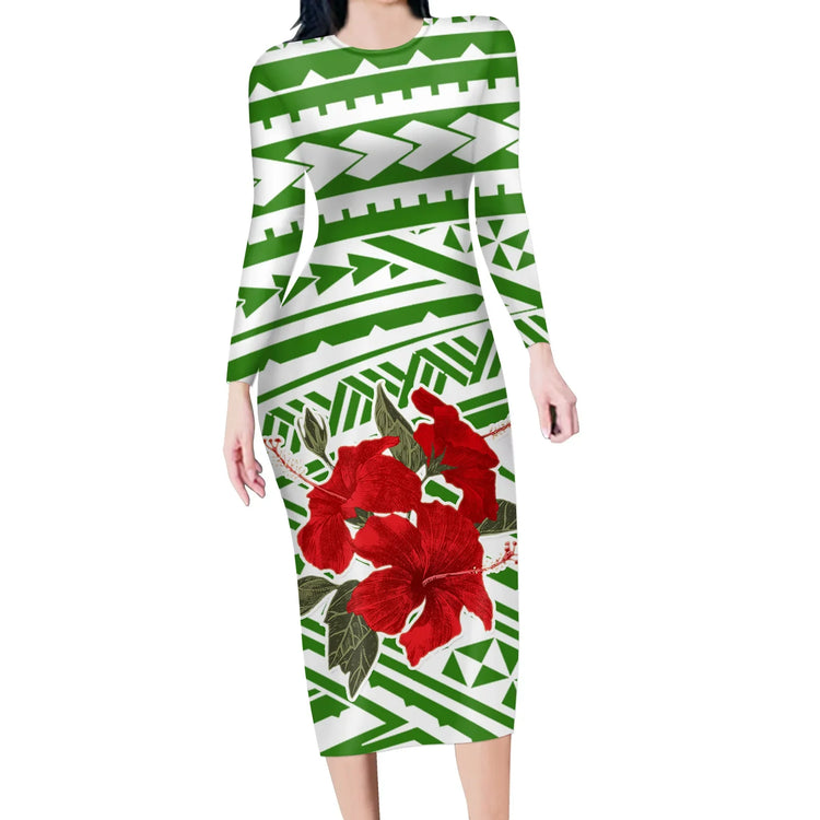 Green and white geometric long-sleeve dress with red floral print, slim fit, knee length.