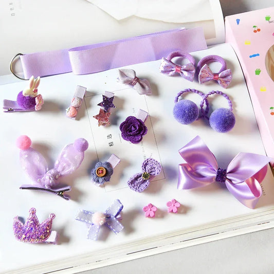 Assorted pastel purple hair clips and bows in various styles, materials, and cute shapes