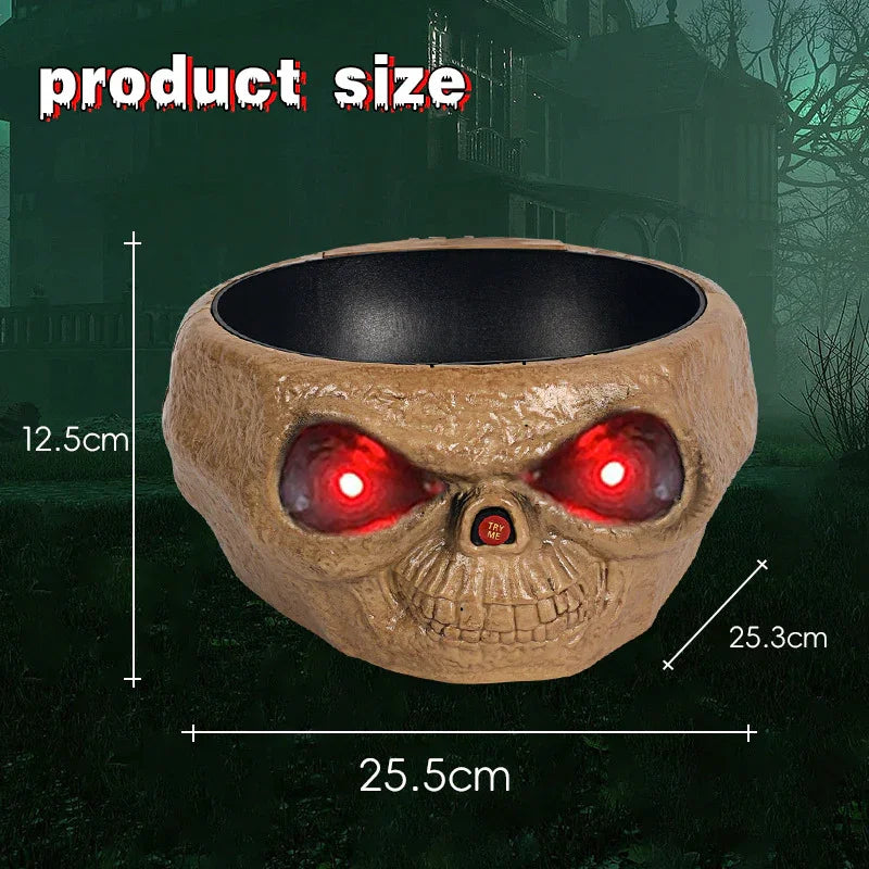 Brown skull-shaped bowl with glowing red eyes, plastic material, horror decor, 25.5cm wide