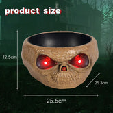 Brown skull-shaped bowl with glowing red eyes, plastic material, horror decor, 25.5cm wide