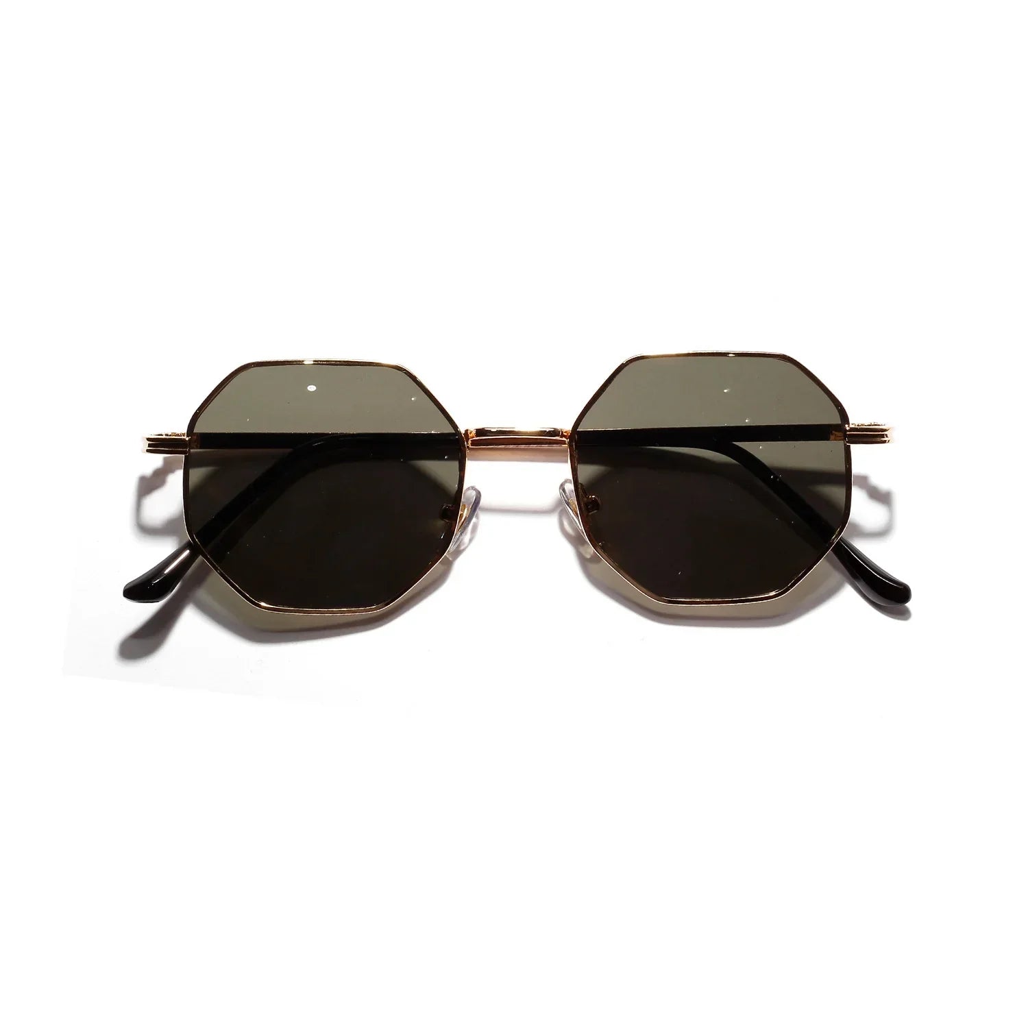 Octagon-shaped sunglasses with gold metal frame and dark lenses, modern streetwear style