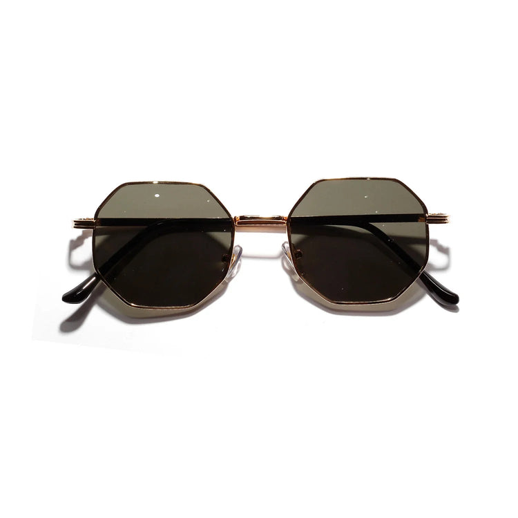 Octagon-shaped sunglasses with gold metal frame and dark lenses, modern streetwear style