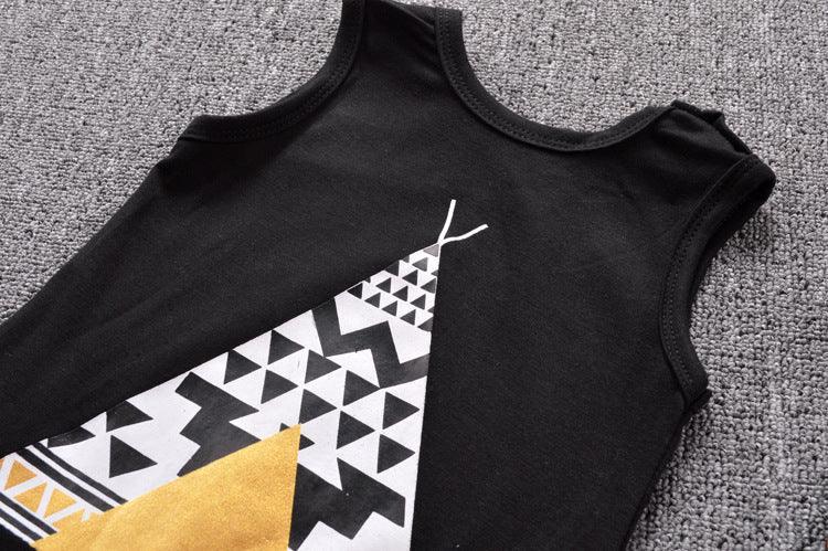 Black sleeveless shirt with geometric teepee print, soft cotton fabric, relaxed fit