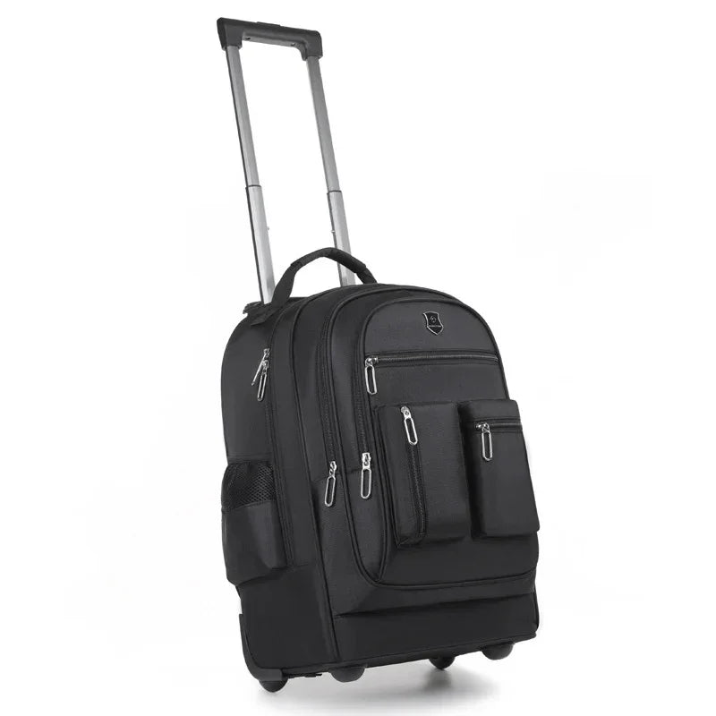 Black rolling backpack with multiple zipper pockets, water-resistant fabric, and telescopic handle