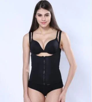 Woman wearing black zip-up shapewear vest with adjustable straps and a slim fit