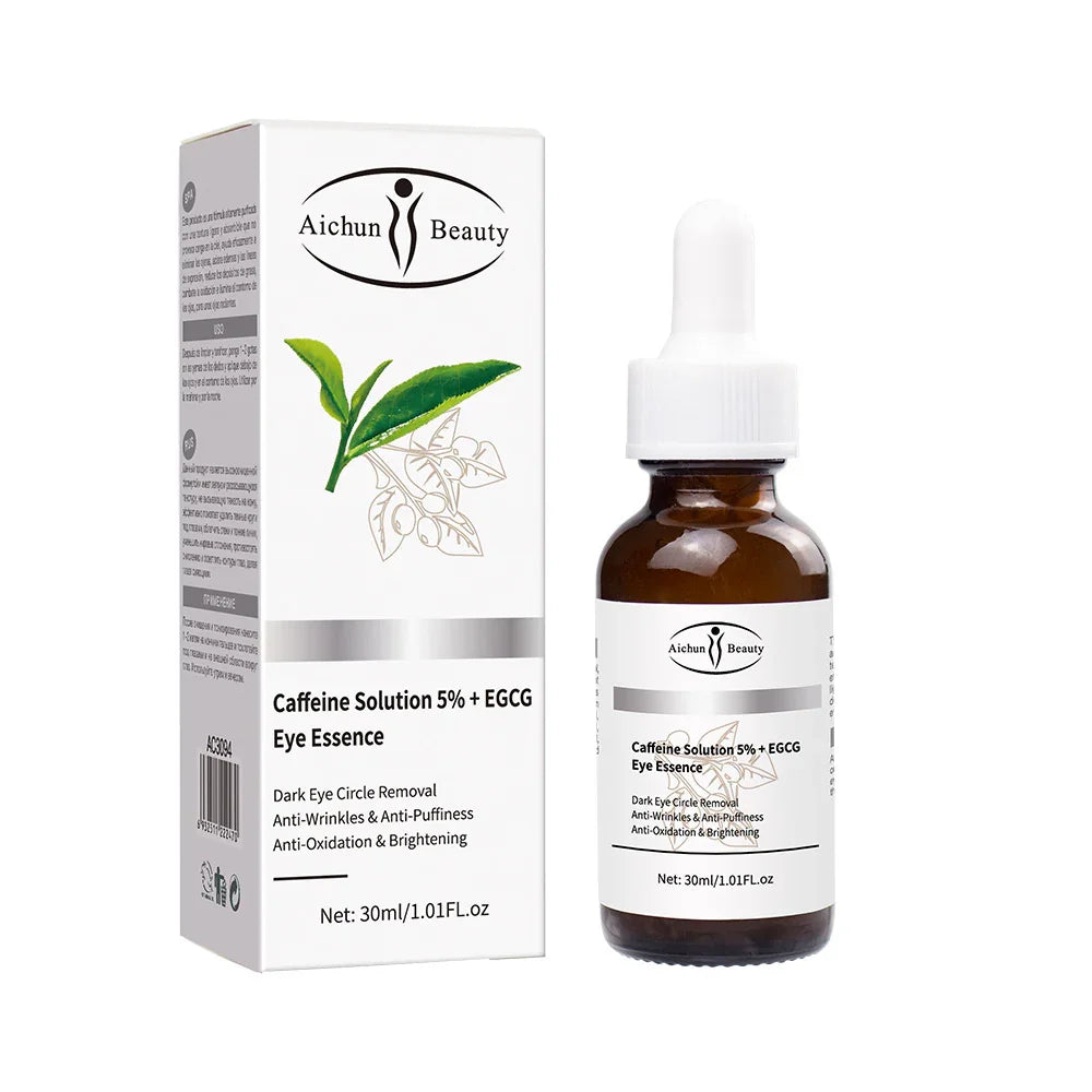 Brown glass dropper bottle and box of caffeine solution 5% + EGCG eye essence skincare serum