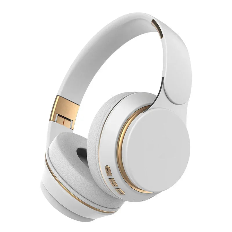 White over-ear wireless headphones with gold trim, cushioned ear pads, modern design