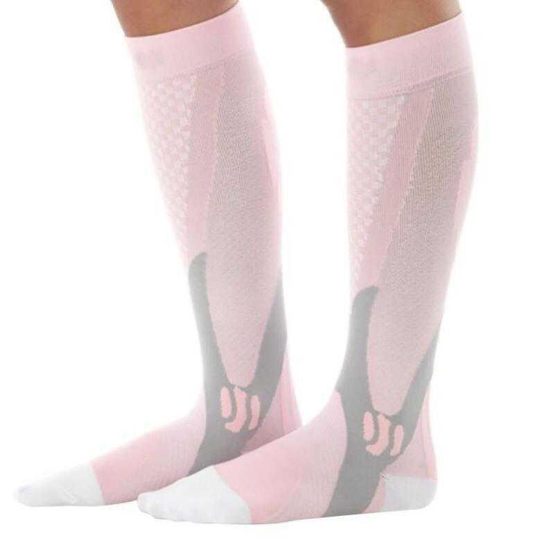 Pink knee-high compression socks with grey accents, breathable mesh, slim fit