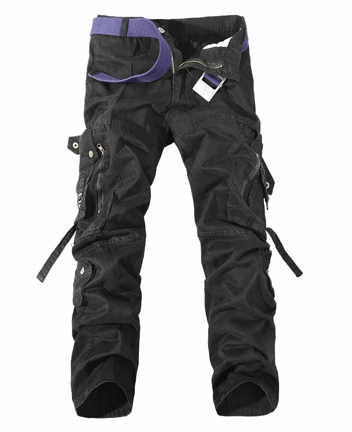 Black cargo pants with zipper pockets, purple belt, relaxed fit, streetwear style