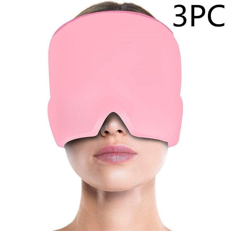 Woman wearing oversized pink sleep mask, soft fabric, ergonomic fit, 3 pack set