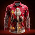 Red button-up shirt with festive Santa Claus print, snowflakes, and Christmas tree graphics, relaxed fit.