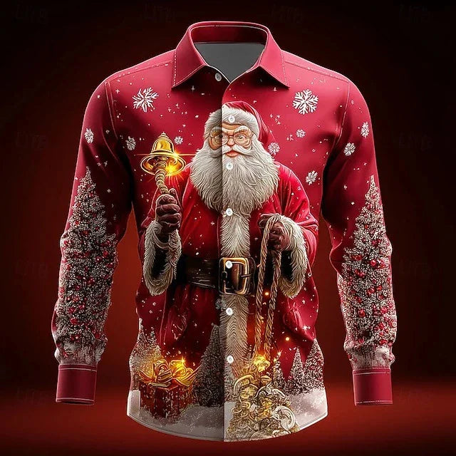 Red button-up shirt with festive Santa Claus print, snowflakes, and Christmas tree graphics, relaxed fit.