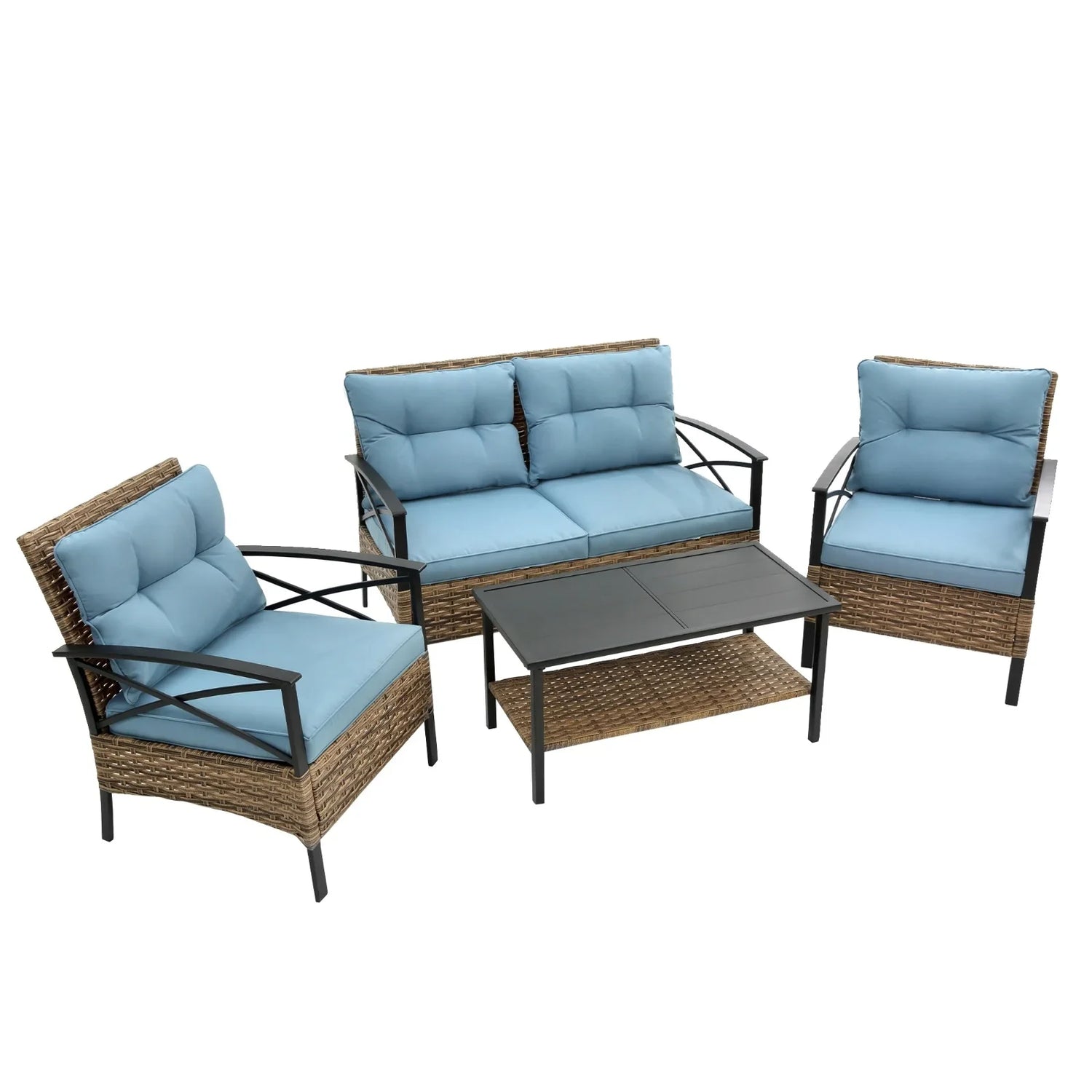 Outdoor patio furniture set with light blue cushions, rattan wicker frame, and black metal table