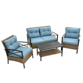 Outdoor patio furniture set with light blue cushions, rattan wicker frame, and black metal table