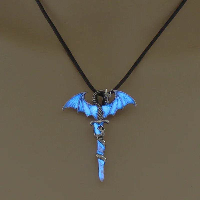 Futuristic streetwear necklace with glowing blue dragon winged sword pendant on black cord