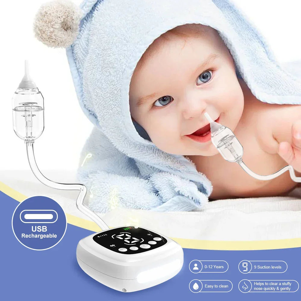 Baby in a soft blue hooded towel using a USB rechargeable nasal aspirator for gentle nose cleaning