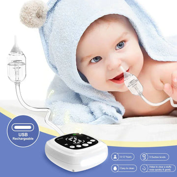 Baby in a soft blue hooded towel using a USB rechargeable nasal aspirator for gentle nose cleaning