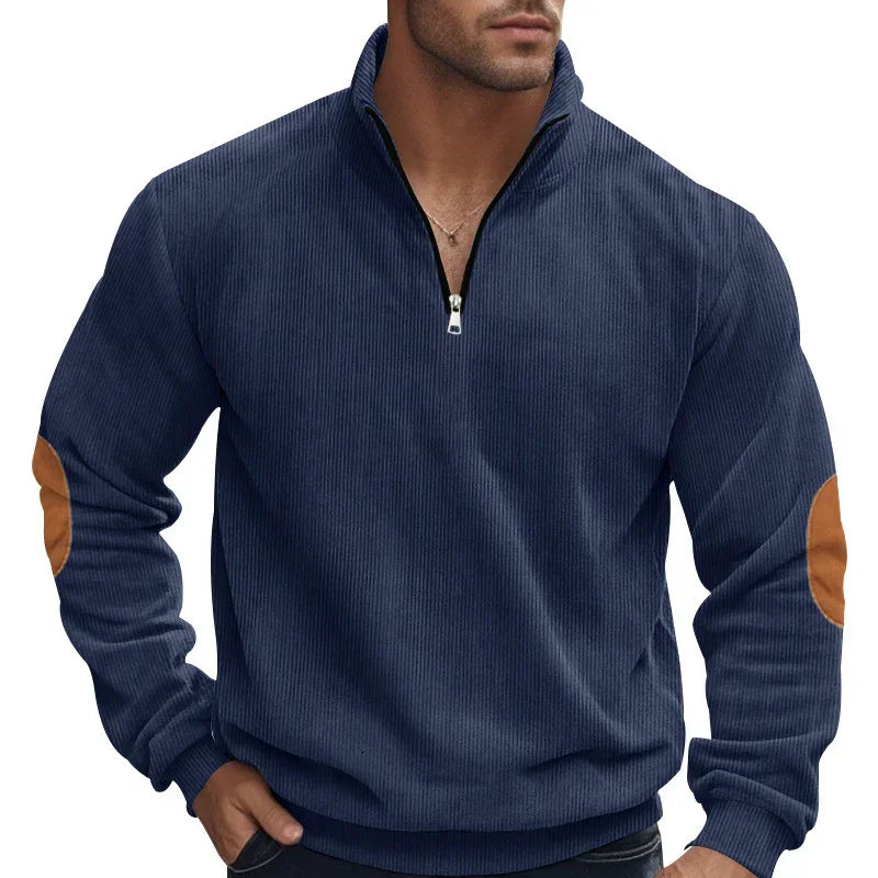 Men's navy ribbed pullover with half-zip, brown suede elbow patches, relaxed fit