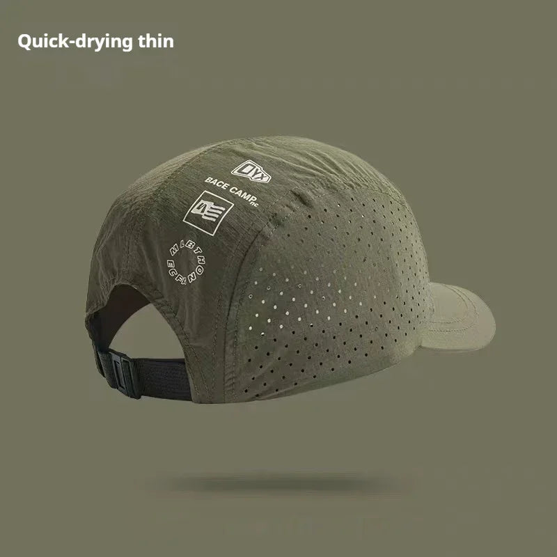 Olive green quick-drying perforated cap, lightweight nylon, adjustable back strap, sporty fit