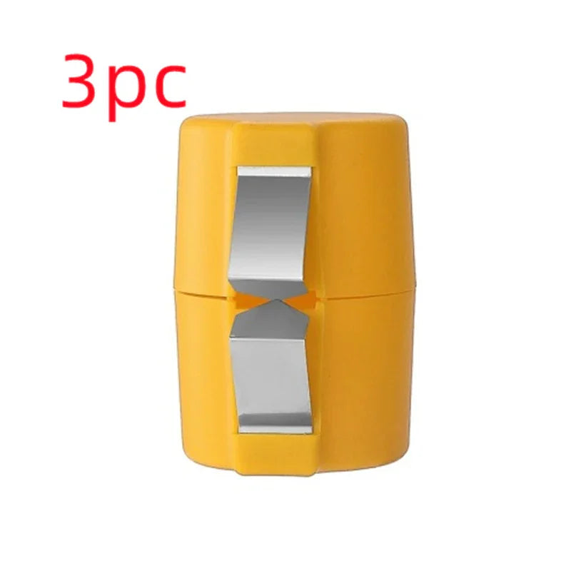 Yellow plastic and metal wire stripping tool, compact design, set of three pieces.