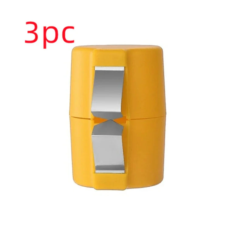 Yellow plastic and metal wire stripping tool, compact design, set of three pieces.