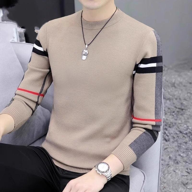 Beige slim-fit knit sweater with black, white, and red striped accents on sleeves.