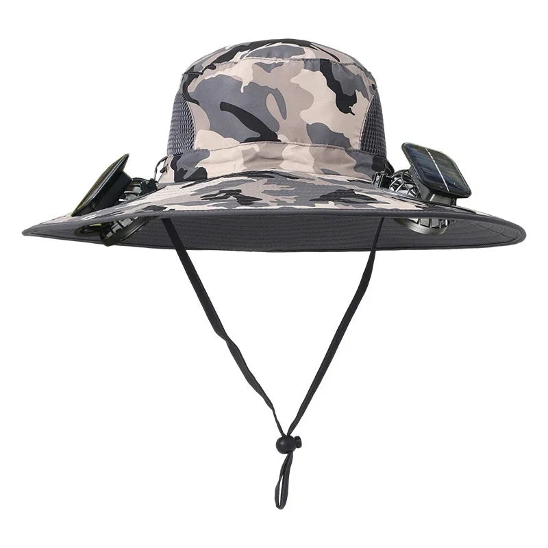 Grey camouflage wide-brim hat with mesh panels and attached solar-powered fans, adjustable chin strap