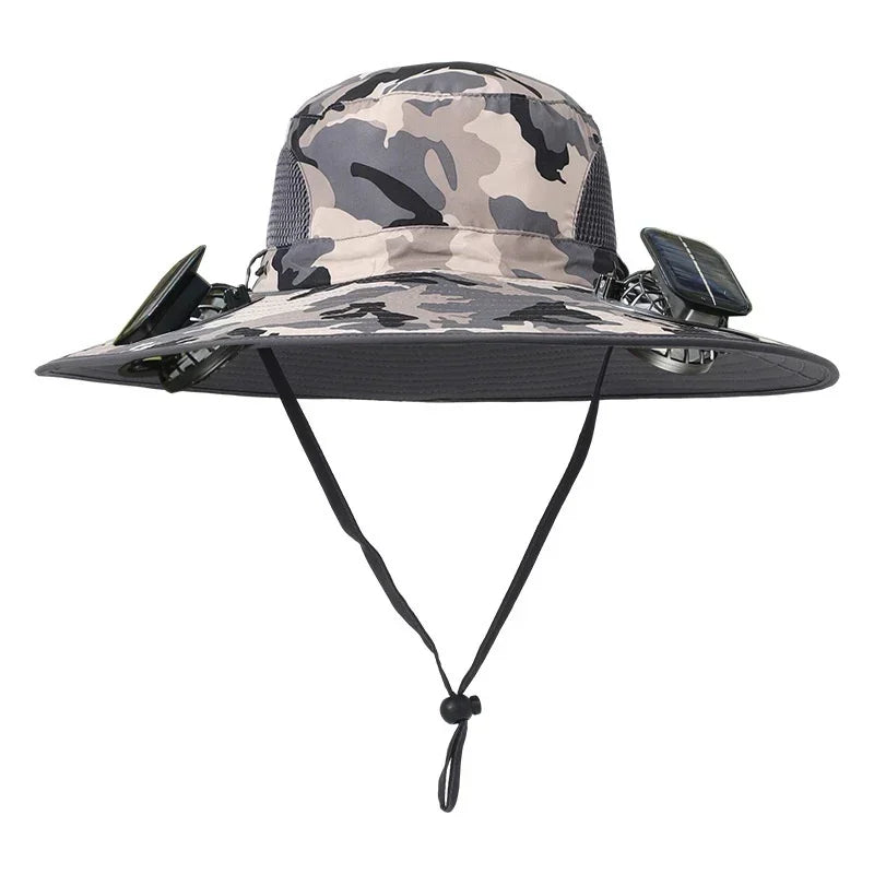 Grey camouflage wide-brim hat with mesh panels and attached solar-powered fans, adjustable chin strap