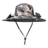 Grey camouflage wide-brim hat with mesh panels and attached solar-powered fans, adjustable chin strap