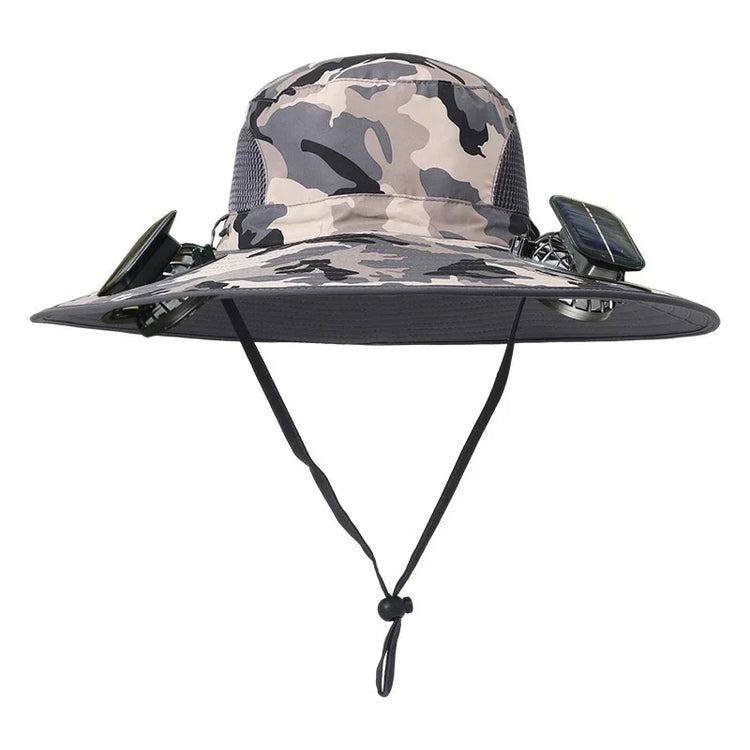Grey camouflage wide-brim hat with mesh panels and attached solar-powered fans, adjustable chin strap