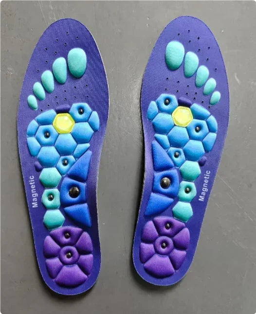 Pair of purple magnetic massage insoles with hexagonal textured pattern and colorful accents.