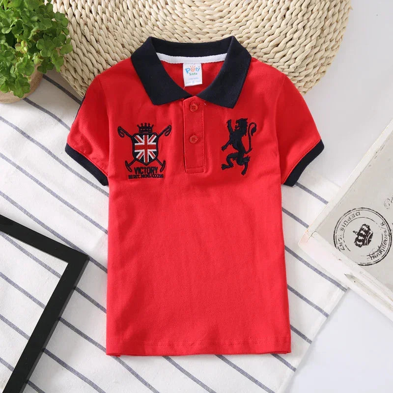 Red short sleeve polo shirt with embroidered crests, black collar, cotton material, regular fit.