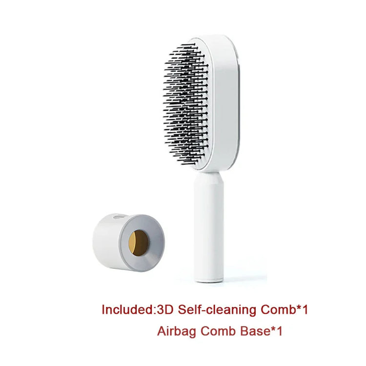 White 3D self-cleaning hair comb with airbag comb base, modern minimalist design