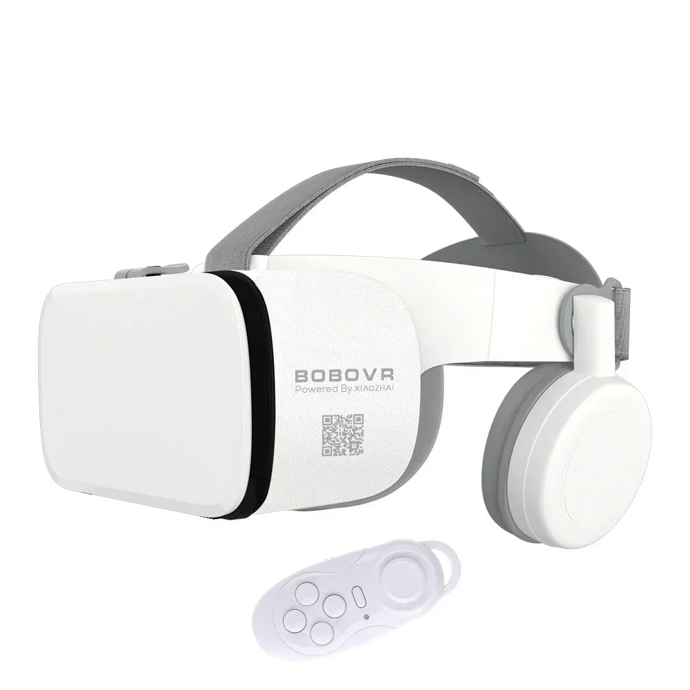 White futuristic VR headset with adjustable gray strap and matching wireless controller