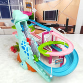 Colorful dinosaur-themed toy race track with blue, green, and pink winding ramps.