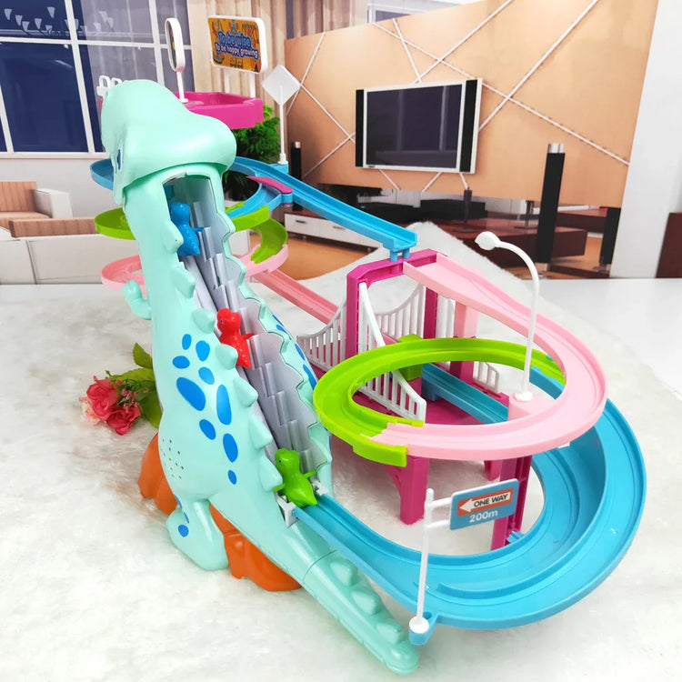 Colorful dinosaur-themed toy race track with blue, green, and pink winding ramps.