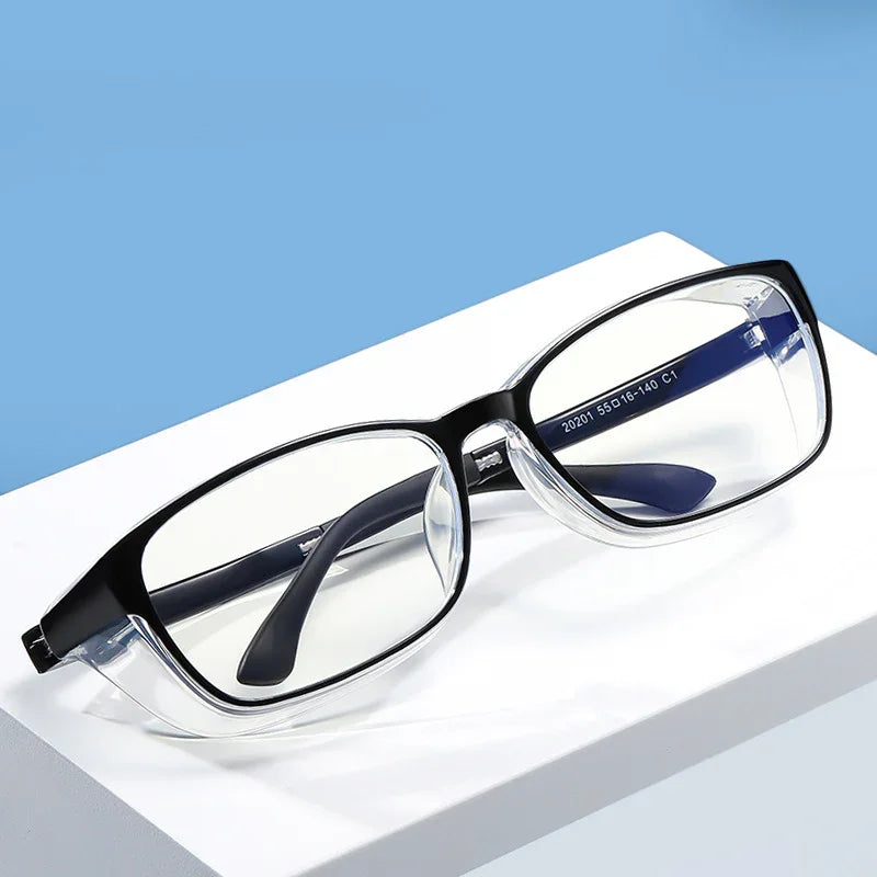 Rectangular black and clear acetate eyeglasses with a modern, semi-transparent frame
