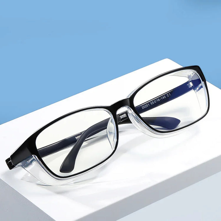 Rectangular black and clear acetate eyeglasses with a modern, semi-transparent frame
