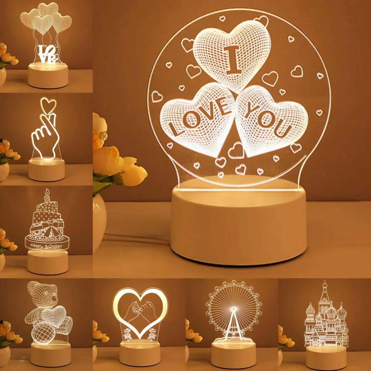 Set of artistic acrylic LED night lights with heart, cake, bear, and cityscape designs, warm glow.