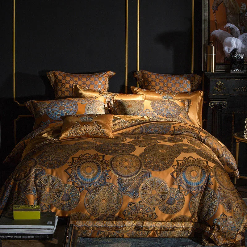 Luxury gold and blue bedding set with intricate geometric patterns, satin material, elegant fit