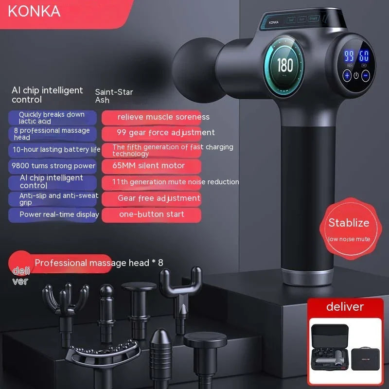 Matte black handheld massage gun with digital display, multiple interchangeable heads, ergonomic fit, and anti-slip grip