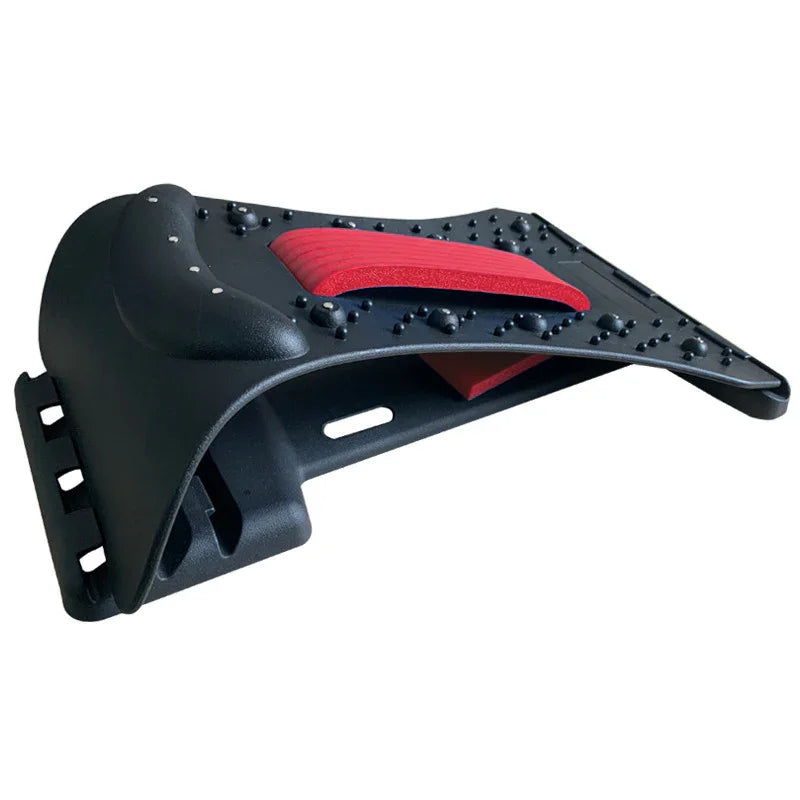 Adjustable black back stretcher with red foam cushion and acupressure points, ergonomic design