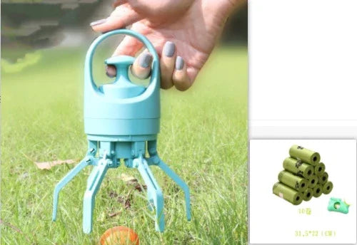 Hand holding a blue plastic claw grabber tool over grass, pet waste bags shown on side.