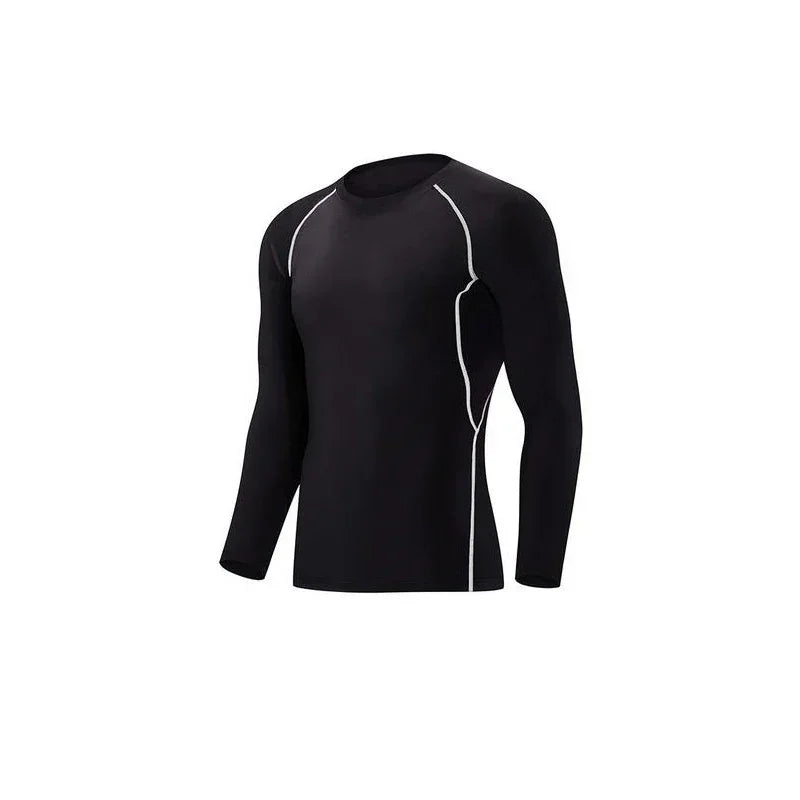 Black long sleeve fitted shirt with white contrast stitching, sporty streetwear style