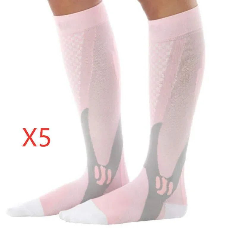 Pair of light pink knee-high compression socks with gray and white accents, athletic fit, pack of 5