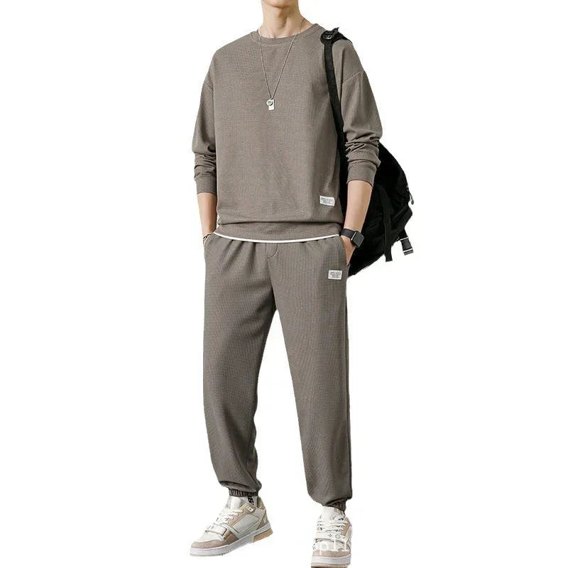 Men's taupe ribbed sweatshirt and joggers set, relaxed fit casual streetwear
